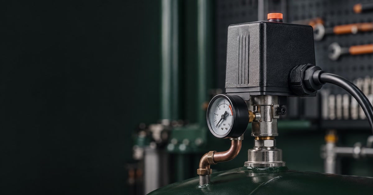 Presostato mecánico y manómetro instalados en un compresor de aire