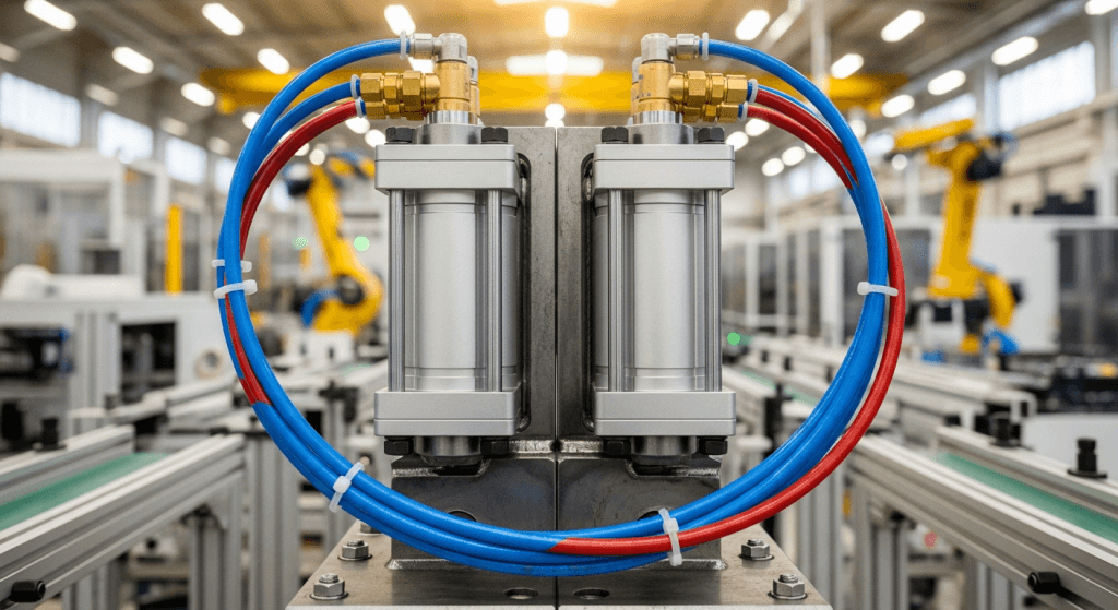 Cilindros multiposicionales neumáticos de doble efecto conectados