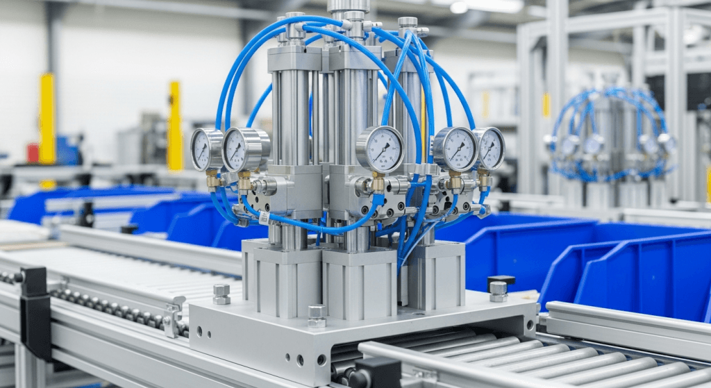 Sistema de cilindro multiposicional neumático con manómetros de presión