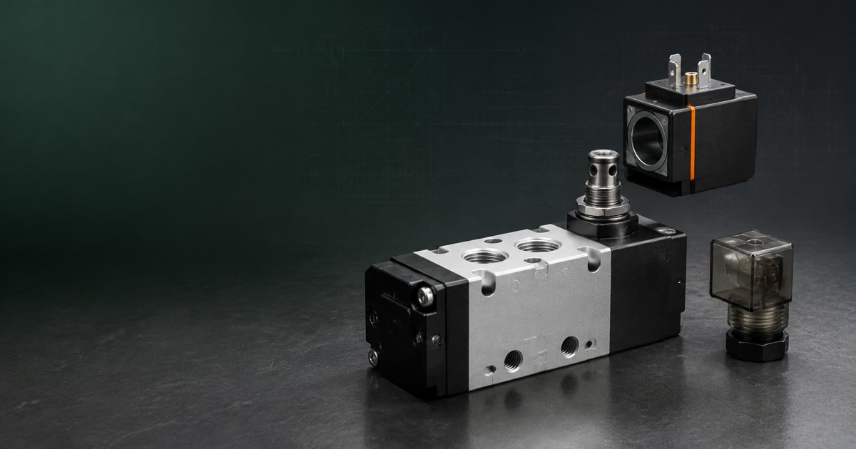 Válvula neumática industrial con bobina solenoide desmontada